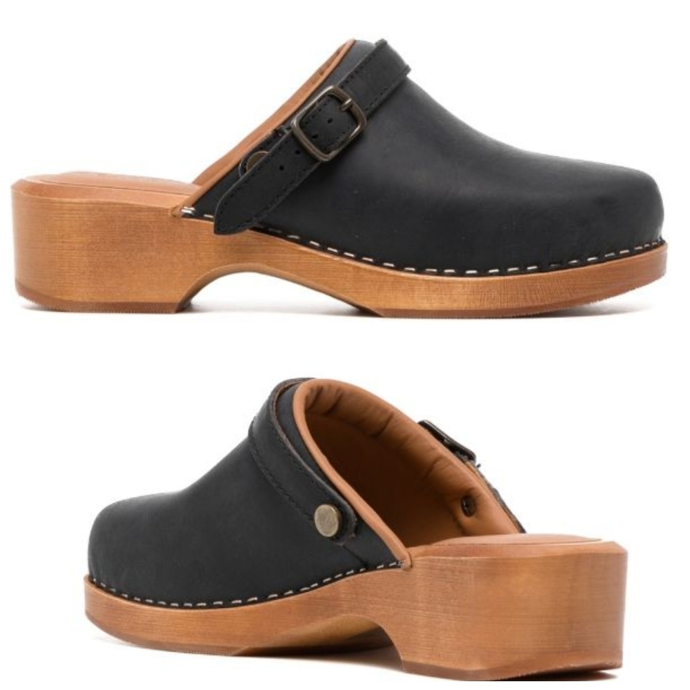 RE/DONE Italian Calf Leather Wooden Platform Clogs in Black, Size 8, EUC!